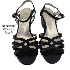 Naturalizer Gio Black Strappy Wedge Sandals Womens Size 5M‎ Open Toe Buckle Heel
